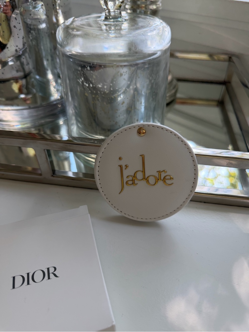 Dior White Leather Round Tag Mirror with Gold 'j'adore' Emblem